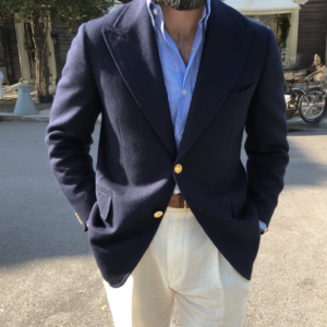 Classic Single Breasted 2 button Navy Blazer with Gold Brass buttons. Made in a Super 140s Navy Merino Wool
