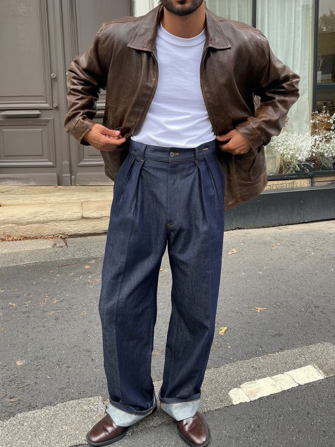 Dark Wash Indigo High Waisted Denim Gurkha Trouser with double pleats styled with a dark brown leather Jacket Dark Wash Indigo High Waisted Denim Gurkha Trouser with double pleats styled with a dark brown leather Jacket