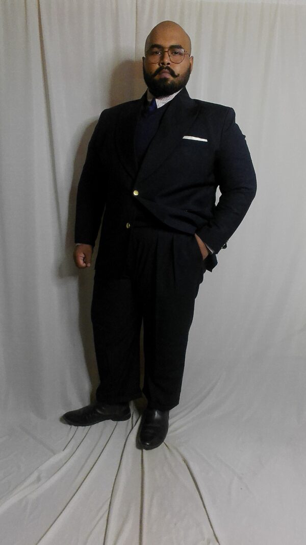 Cutom Made Super 140s Navy Blazer layered formally with super 140s navy high rise trousers