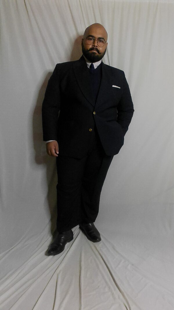 Super 140s Navy Neapolitan high rise trousers layered with Super 140s Navy Blazer (Super 140s Navy Suit set)