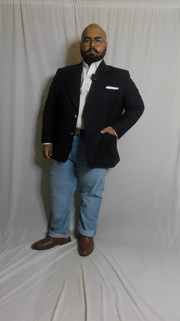 Super 140s Custom Made Navy blazer styled with light wash jeans/denim