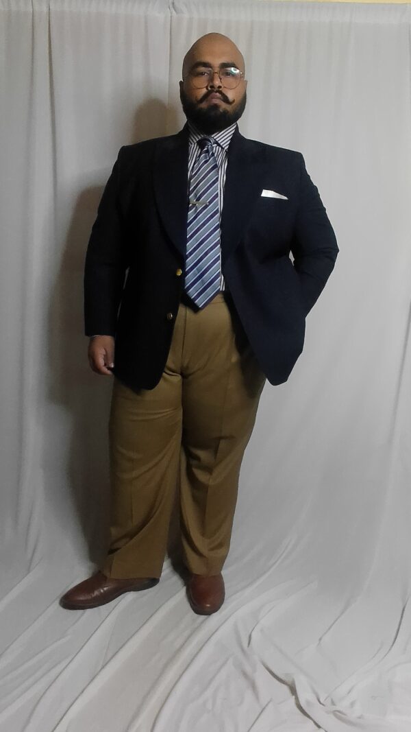 Super 140s Merino Wool Navy Blazer styled with Khaki trousers and Striped tie