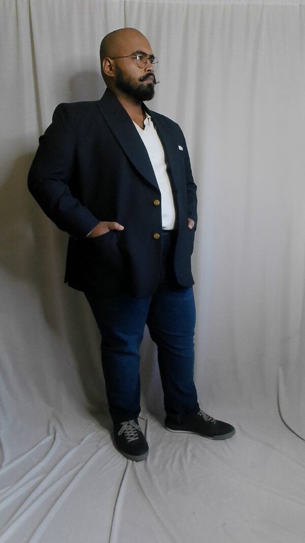 Super 140s Navy Blazer with Brass buttons styled with dark wash indigo jeans, polo tshirt and sneakers