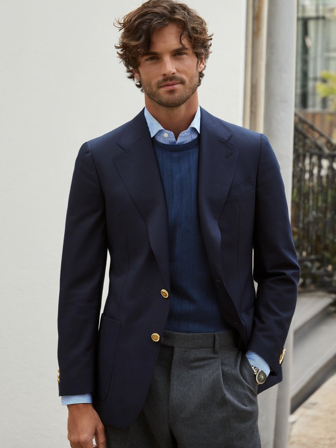 Super 140s Merino Wool Navy Blazer styled with Grey Charcoal Trousers and a Marine Green crewneck Super 140s Merino Wool Navy Blazer styled with Grey Charcoal Trousers and a Marine Green crewneck