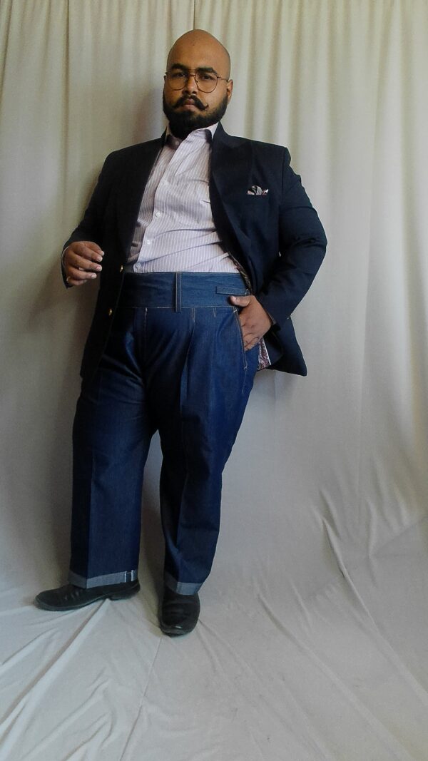 Denim Gurkha trouser styled with a Navy Blazer