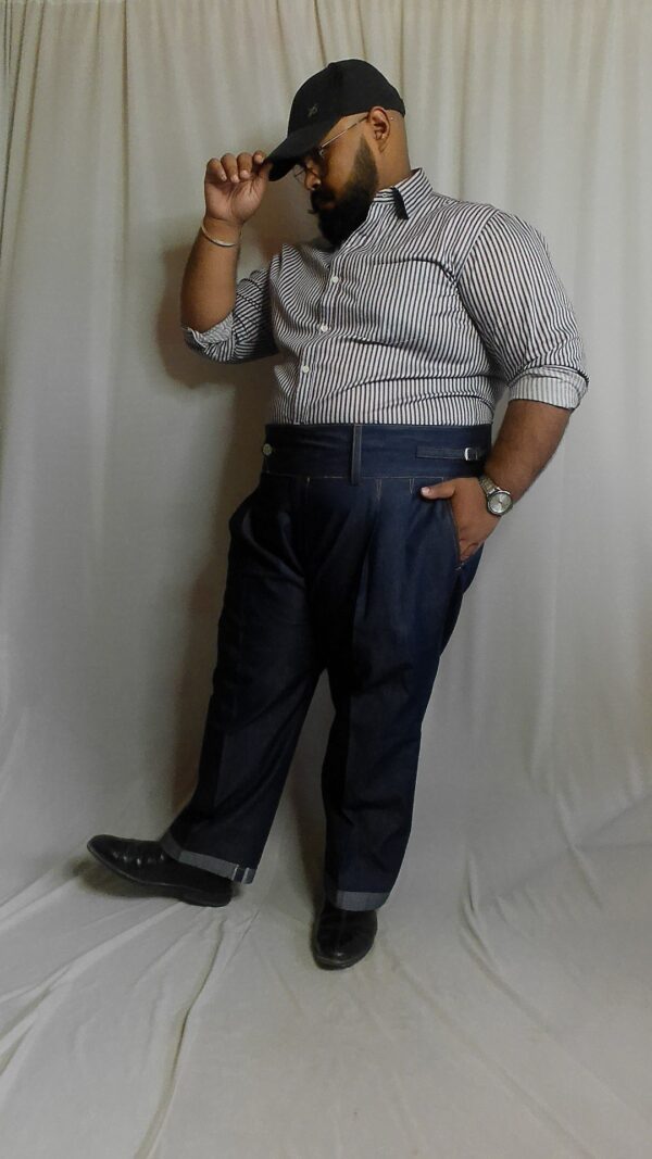 Denim gurkha trouser styled with a striped shirt and Baseball Cap