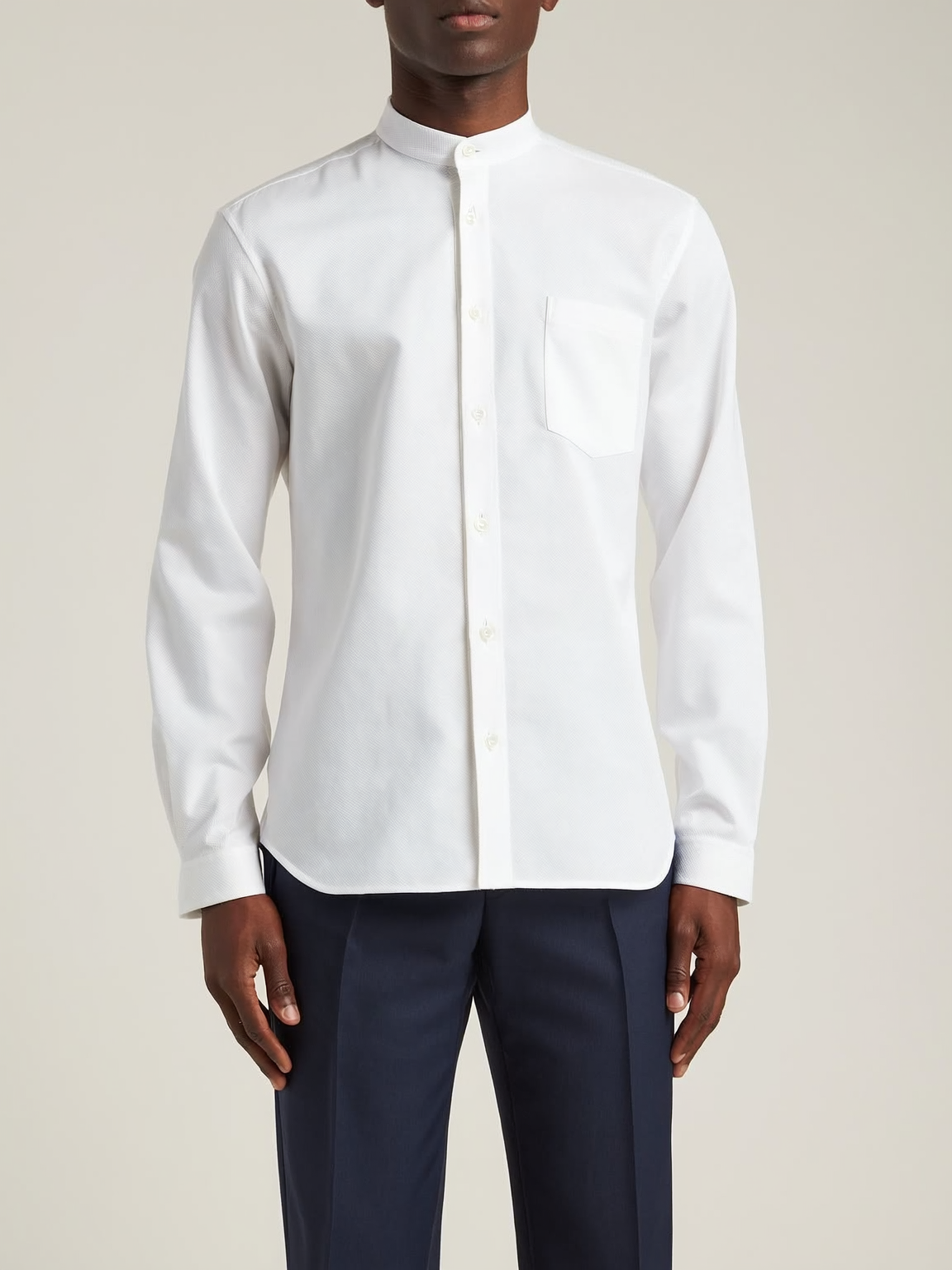 Classic White Grandaddy Shirt with a Mandarin Collar in a Dobby Weave made with a 100% Cotton Dobby Fabric Pic 2 Classic White Grandaddy Shirt with a Mandarin Collar in a Dobby Weave made with a 100% Cotton Dobby Fabric Pic 2