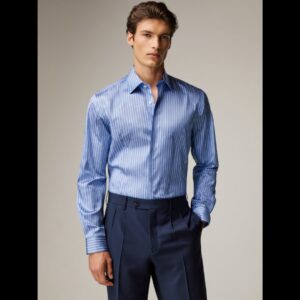 Classic Blue Pencil Striped shirt made in 100% cotton sourced from Aravind Mills, India and available is a classic Spread Collar feature pic