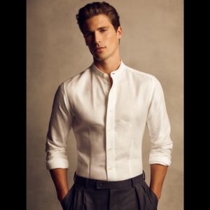 Classic White Grandaddy Shirt with a Mandarin Collar in a Dobby Weave made with a 100% Cotton Dobby Fabric