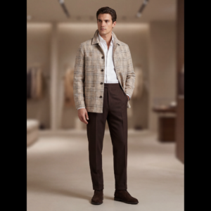 100% Wool X Tweed Cream and Brown Plaids Chore Coat Feature Pic